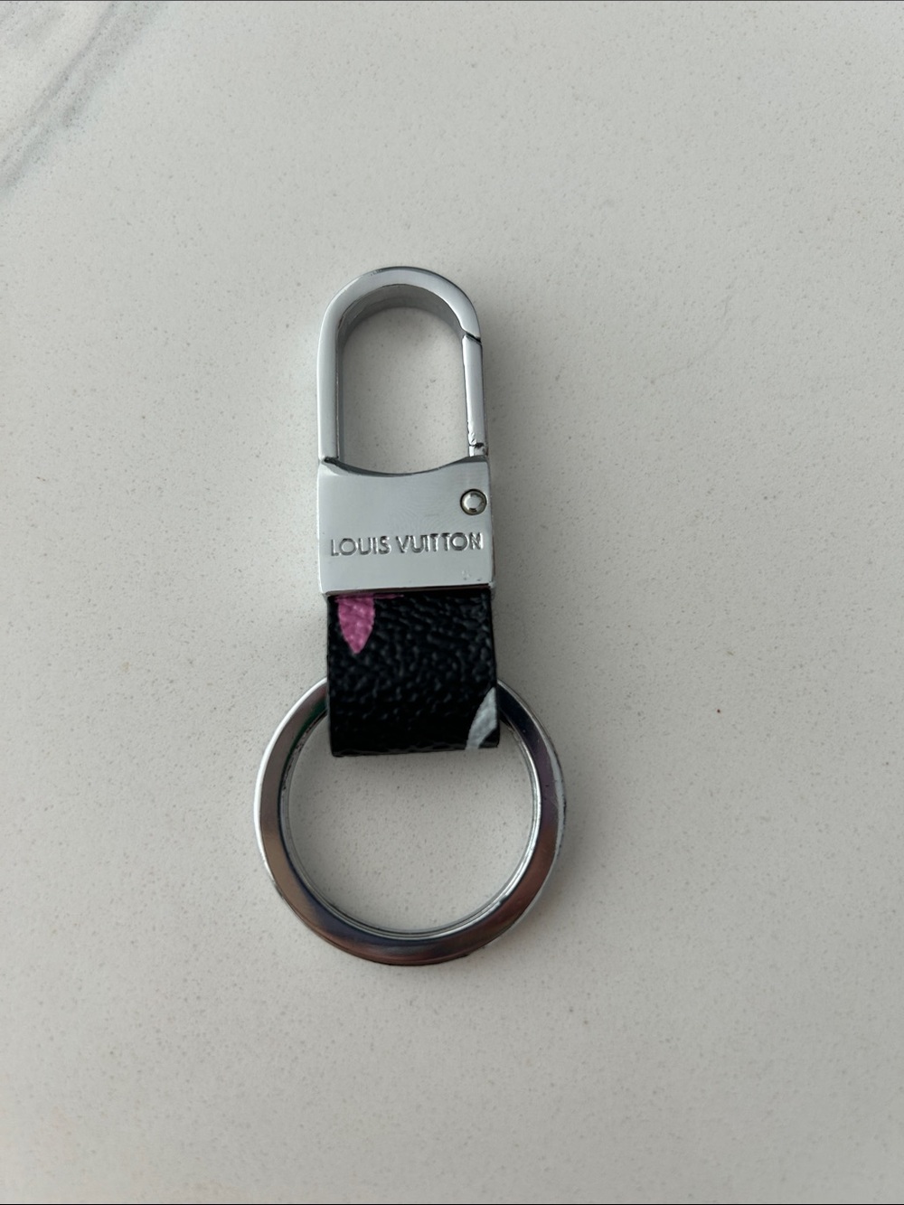 Louis Vuitton Black Leather Key Chain Ring with Pink Accent and Silver Hardware